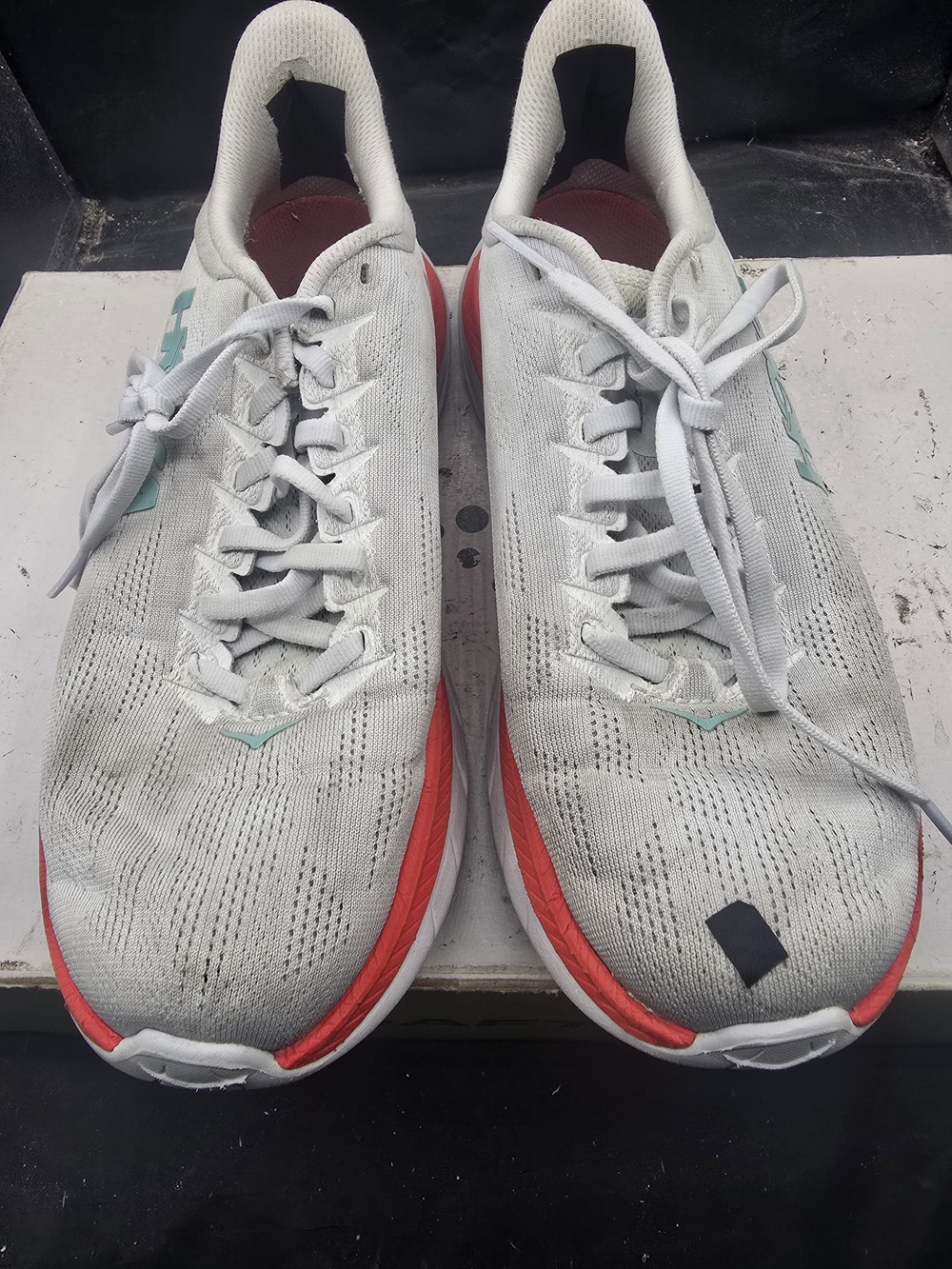 Hoka One One White Sneakers with Coral and Mint Accents
